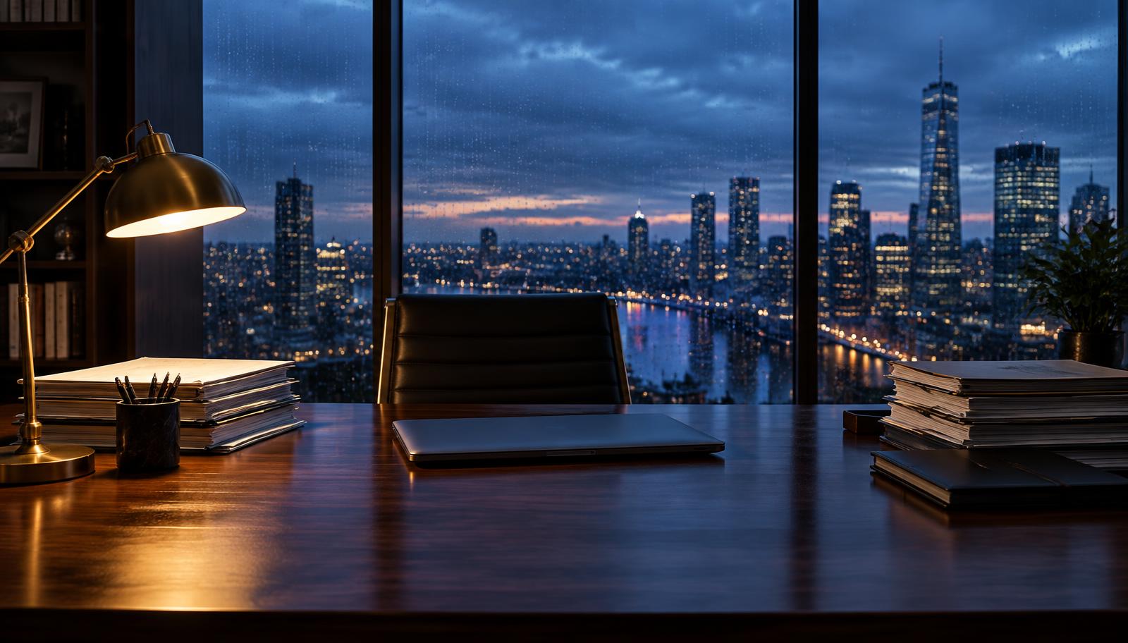 Business records on a desk overlooking a city